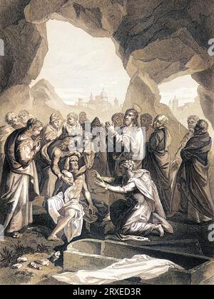 Resurrection of Lazarus. Colored Illustration for The life of Our Lord Jesus Christ written by the four evangelists, 1853 Stock Photo