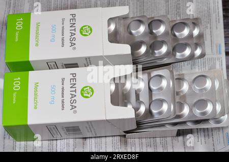 Cairo, Egypt, September 4 2023: Pentasa 500mg slow release tablets, Mesalazine, used in treatment of ulcerative colitis, by Ferring Pharmaceuticals, a Stock Photo