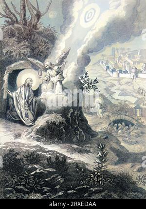 The Agony in the Garden, Jesus Praying in the Olive Garden. Colored Illustration for The life of Our Lord Jesus Christ written by the four evangelists, 1853 Stock Photo