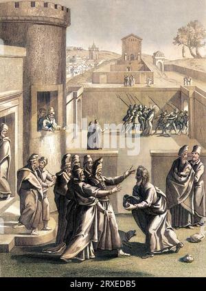Judas betrayed Jesus before the Sanhedrin in exchange for thirty silver coins. Judas Reports to the Princes of Priests the Price of His Betrayal. Colored Illustration for The life of Our Lord Jesus Christ written by the four evangelists, 1853 Stock Photo