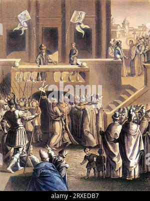 Pontius Pilate proclaims the innocence of Jesus Christ. Colored Illustration for The life of Our Lord Jesus Christ written by the four evangelists, 1853 Stock Photo