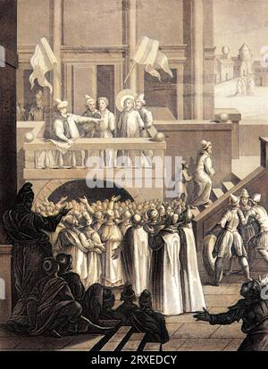 The crowd chooses Barabbas to be released and Jesus of Nazareth to be crucified, court of Pontius Pilate. Colored Illustration for The life of Our Lord Jesus Christ written by the four evangelists, 1853 Stock Photo
