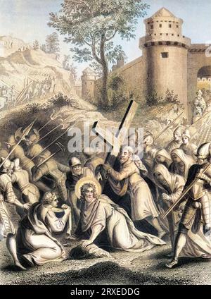 Via Crucis. Simon of Cyrene helps Jesus carry his cross. Colored Illustration for The life of Our Lord Jesus Christ written by the four evangelists, 1853 Stock Photo