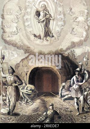 The Resurrection of our Lord Jesus Christ. Colored Illustration for The life of Our Lord Jesus Christ written by the four evangelists, 1853 Stock Photo