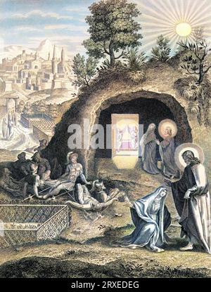The resurrection, Jesus appearing to Mary Magdalene at the empty tomb. Colored Illustration for The life of Our Lord Jesus Christ written by the four evangelists, 1853 Stock Photo