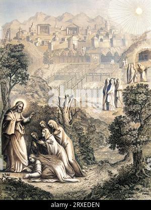Jesus Appears to the Holy Women. Colored Illustration for The life of Our Lord Jesus Christ written by the four evangelists, 1853 Stock Photo