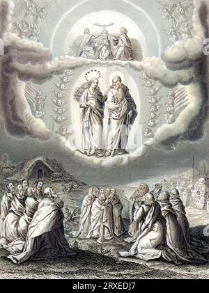 Virgin Mother of God was physically crowned as Queen of Heaven after her Assumption. Colored Illustration for The life of Our Lord Jesus Christ written by the four evangelists, 1853 Stock Photo
