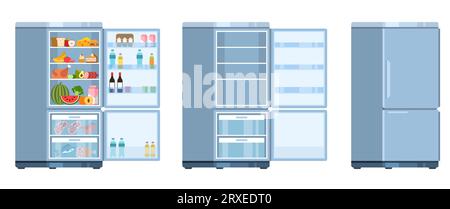 Open and closed refrigerator with and without products. Kitchen electric equipment. Empty and full fridge. fruit and vegetables, meat and milk Stock Vector