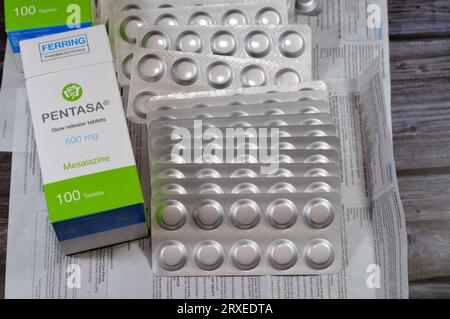 Cairo, Egypt, September 4 2023: Pentasa 500mg slow release tablets, Mesalazine, used in treatment of ulcerative colitis, by Ferring Pharmaceuticals, a Stock Photo