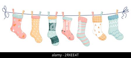 7 Baby socks with patterns on a rope with colored clothespins. Vector illustration. Stock Vector
