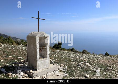 View from the famous SH8 road at the Llogara Pass in Albania - a high mountain pass within the Ceraunian Mountains along the Albanian Riviera. Tourist Stock Photo