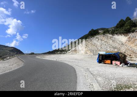 View from the famous SH8 road at the Llogara Pass in Albania - a high mountain pass within the Ceraunian Mountains along the Albanian Riviera. Tourist Stock Photo