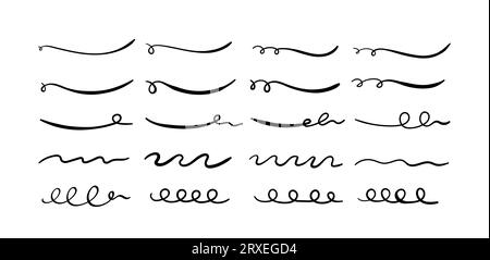 Swoosh and swoops underline typography tails shapes. Brush drawn thick curved smears. Hand drawn collection of curly swishes, swashes, squiggles. Vect Stock Vector