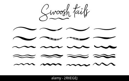 Swoosh and swoops double underline typography tails shapes. Brush drawn thick curved smears. Hand drawn collection of curly swishes, swashes, squiggle Stock Vector