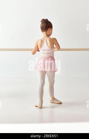 Rear view portrait of small adorable ballerina dancer girl in rose tutu ballet dress on pointe shoes classic variation practices ballet dancing Stock Photo