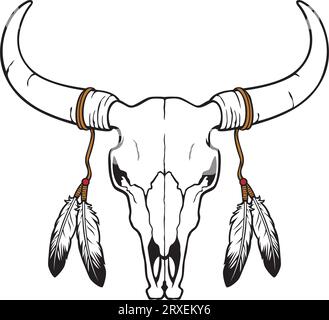 Native American bull or cow skull with feathers (vector illustration) Stock Vector