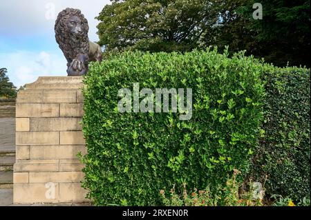 Lion sculpture in Stanley Park,Blackpool,stood on plinth in the Italian garden Stock Photo