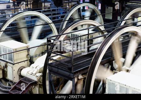 Winding wheels that pull the cable cars in San Francisco, CA. Stock Photo