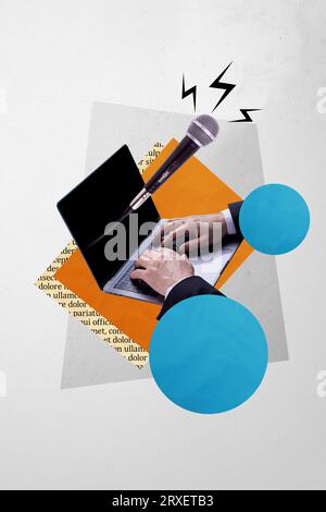 Photo collage picture of human hands working write netbook recording audio message team leader customer support isolated on gray background Stock Photo