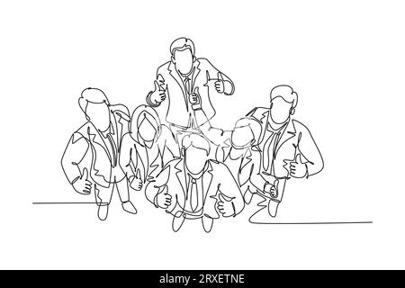 Single continuous line drawing group of line up young happy businessmen and businesswoman standing up together giving thumbs up gesture from top view. Stock Photo
