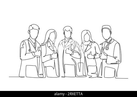 Single continuous line drawing groups of young smart happy doctors giving thumbs up gesture for best healthcare service in hospital. Medical team work Stock Photo
