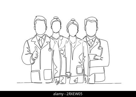 Single one line drawing group of young male and female doctors giving thumbs up gesture as service excellence symbol. Medical team work concept. Conti Stock Photo