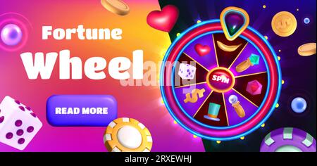 Spinning fortune wheel landing page. 3d lucky casino roulette with golden coins and diamond, prize icons, heart, magic hat and gem glow elements. Win banner vector illustration. Stock Vector