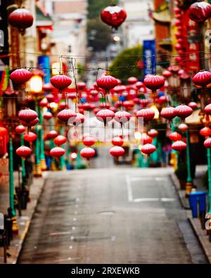 Red lanterns hang over Grant Avenue. Stock Photo
