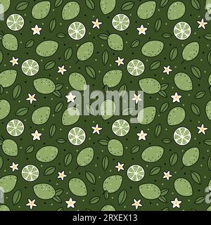 Seamless pattern with cartoon limes leaves flowers Stock Vector