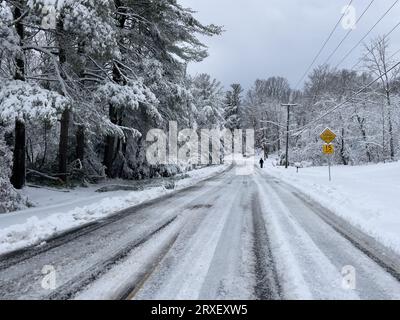 Dark figure walking on snowy winter day. Stock Photo