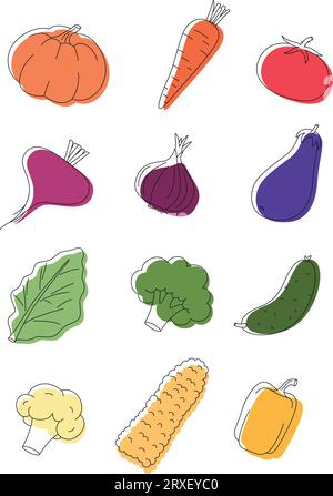 Vegetables set. Linear graphic with separate fill Stock Vector