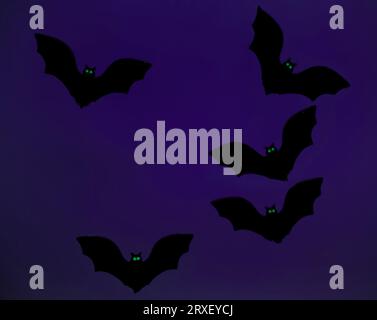 Wooden bats painted black with green eyes on a purple background. Stock Photo