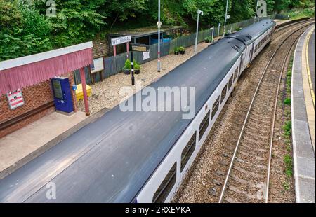 A train at Wetheral Railway Station, Wetheral, near Carlisle, Cumbria Stock Photo
