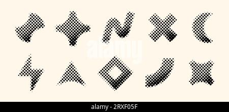 Halftone geometric shapes set. Dotted cross, wave, arc, crescent, bolt elements with gradient. Black textured objects for banner, poster, collage, flyer, booklet, brochure, cover. Vector collection Stock Vector