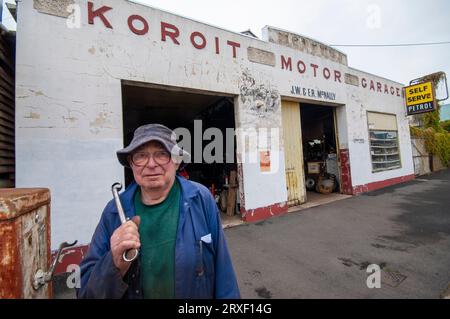 Jim McNally, motor mechanic aged 80 and in 2011, still working at his workshop in Koroit, Victoria. He started working there when he was 15 in 1942. Stock Photo