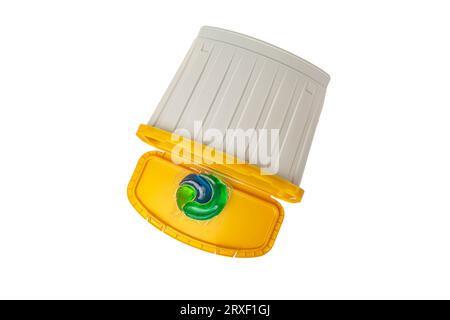 Laundry capsules and plastic containers isolated on white background. High quality photo Stock Photo