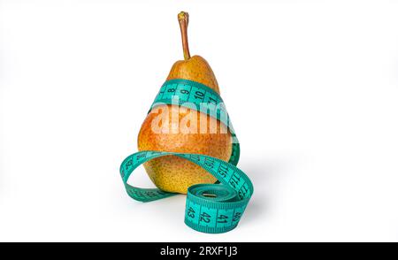 One ripe pear and colorful tape measure on light background, concept of healthy lifestyle, diet, control of overweight. High quality photo Stock Photo