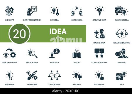 Idea set. Creative icons: concept, presentation, key idea, share idea, creative idea, business idea, idea generation, execution, theory, collaboration Stock Vector