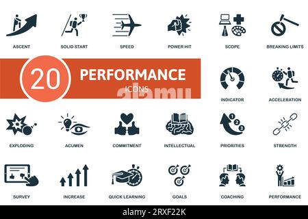 Performance set. Creative icons: ascent, solid start, speed, power hit, scope, breaking limits, indicator, acceleration, exploding, acumen, commitment Stock Vector