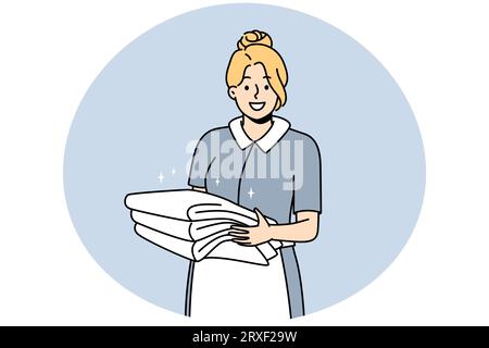 Smiling housekeeper in uniform holding stack of towels. Happy female housemaid or janitor working in hotel. Housekeeping concept. Vector illustration. Stock Vector