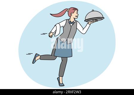 Smiling waitress in uniform bringing dish to client in restaurant. Happy female server with meal working in cafe. Good service concept. Vector illustration. Stock Vector