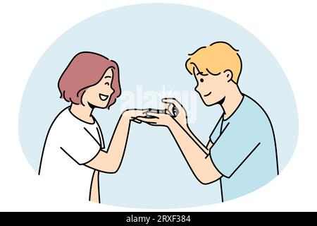 Loving man make proposal to excited woman. Caring happy male put engagement ring on smiling female finger. Marriage and relationship goal. Vector illustration. Stock Vector