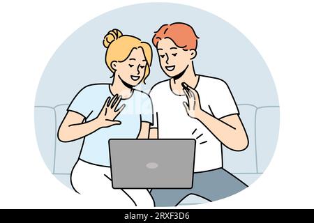 Smiling couple sit on sofa wave talk on video call on computer. Happy man and women have fun enjoy webcam conversation on laptop. Vector illustration. Stock Vector