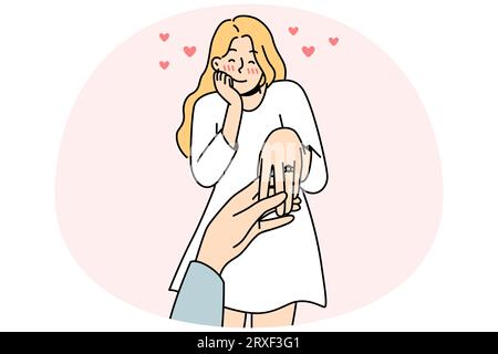 Happy young woman with ring on finger is engaged. Man holding female lover hand make marriage proposal. Ove and relationship. Vector illustration. Stock Vector