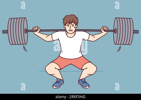 Man squats with barbell on shoulders, doing weightlifting in gym and trying to set new sports record. Guy wants to become professional bodybuilder lifts barbell to build muscle and succeed in fitness Stock Vector