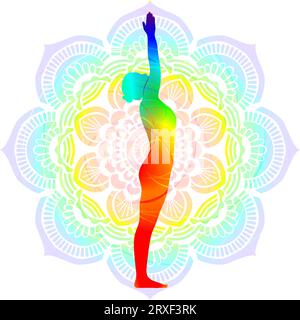 Silhouette yoga posture. Mountain with Arms Up pose. Upward Salute pose. Urdhva Hastasana. Urdhva Vrikshasana. Isolated vector illustration. Mandala Stock Vector