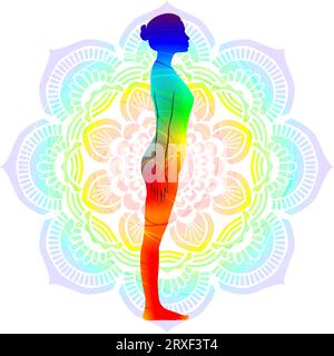 Colorful silhouette yoga posture. Mountain pose or Equal Standing pose. Tadasana or Samasthiti. Isolated vector illustration. Mandala Stock Vector