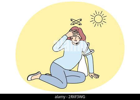 Unhealthy woman fall on ground suffer from heatstroke from hot weather ...