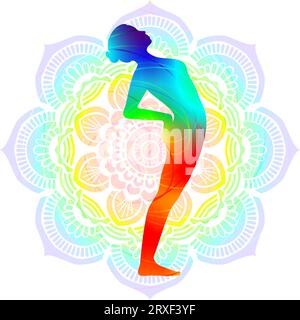 Silhouette yoga posture. Mountain with Supported Backbend pose. Standing Cobra pose. Utthita Bhujangasana. Isolated vector illustration. Mandala Stock Vector