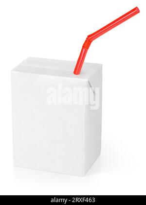 200 ml milk or juice carton package with red straw isolated on white with clipping path Stock Photo